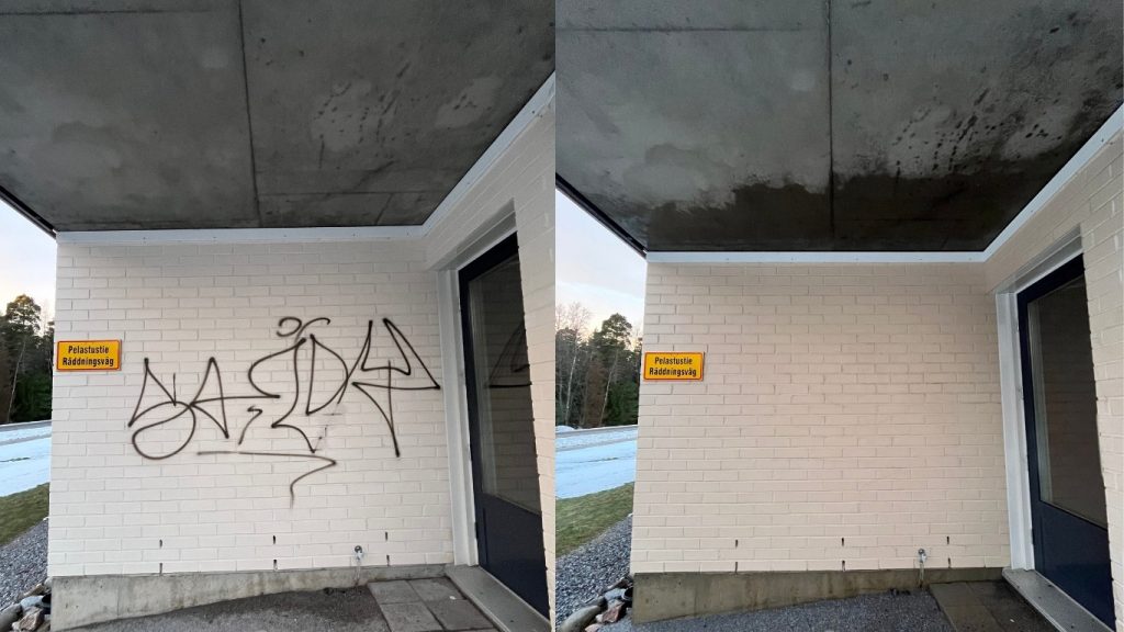 Graffitin poisto rakennuksen seinästä – ennen ja jälkeen