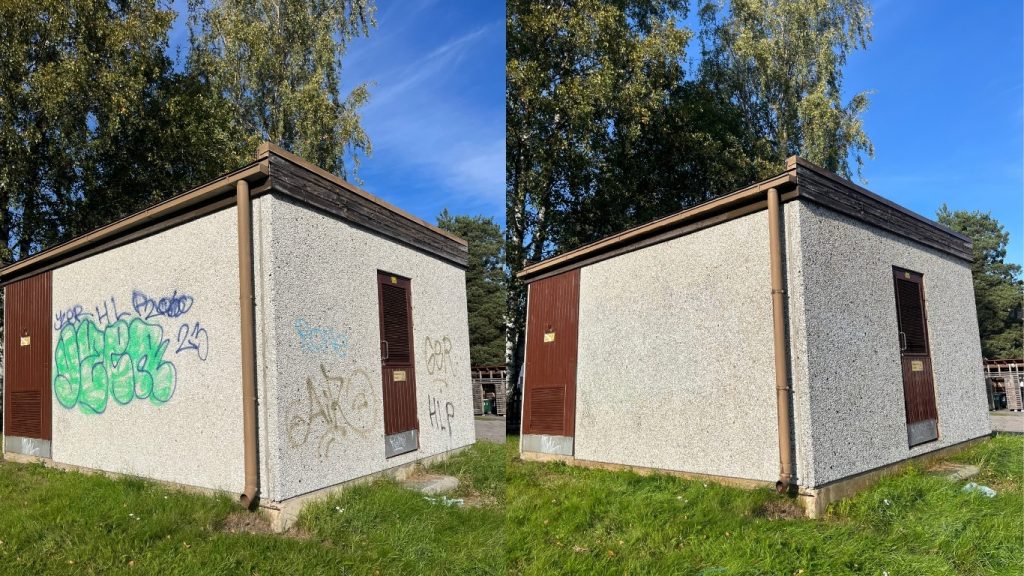Graffitin poisto rakennuksen seinästä – ennen ja jälkeen