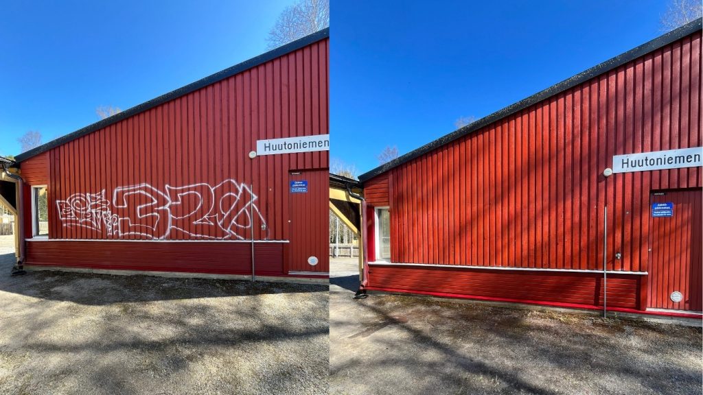 Graffitin poisto maalatusta puuseinästä – ennen ja jälkeen