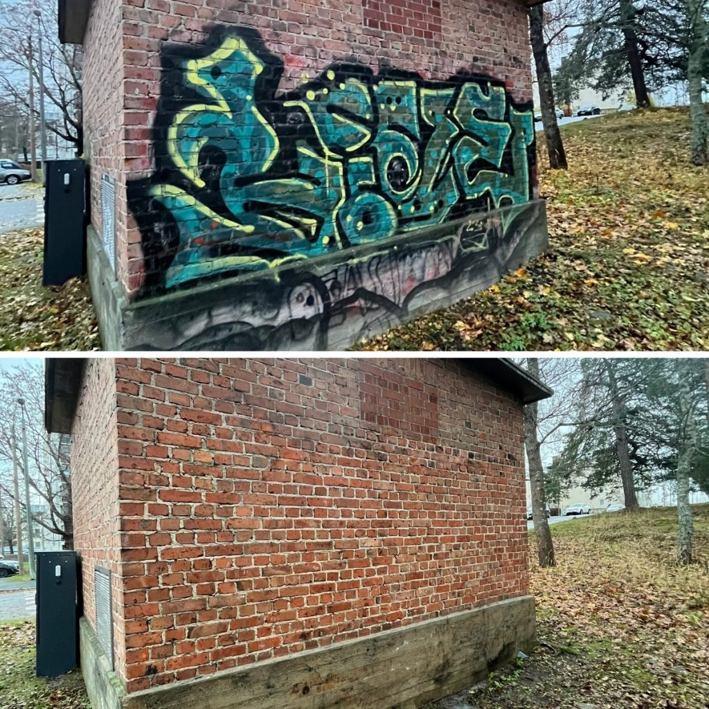 Graffitin poisto tiiliseinästä ja betonisokkelista – ennen ja jälkeen