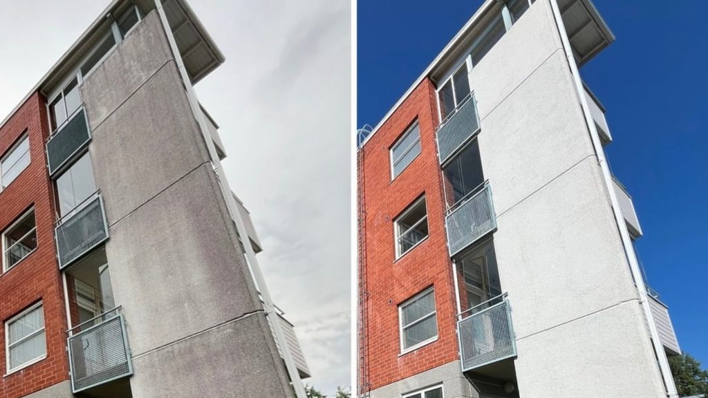 Kuva ennen ja jälkeen julkisivun puhdistuksen kerrostalossa Vaasassa. Likainen betoniseinä puhdistettu kirkkaaksi ja vaaleaksi. Punajäkälä irtosi Prestige Garden Clean ammattitaidon ansiosta