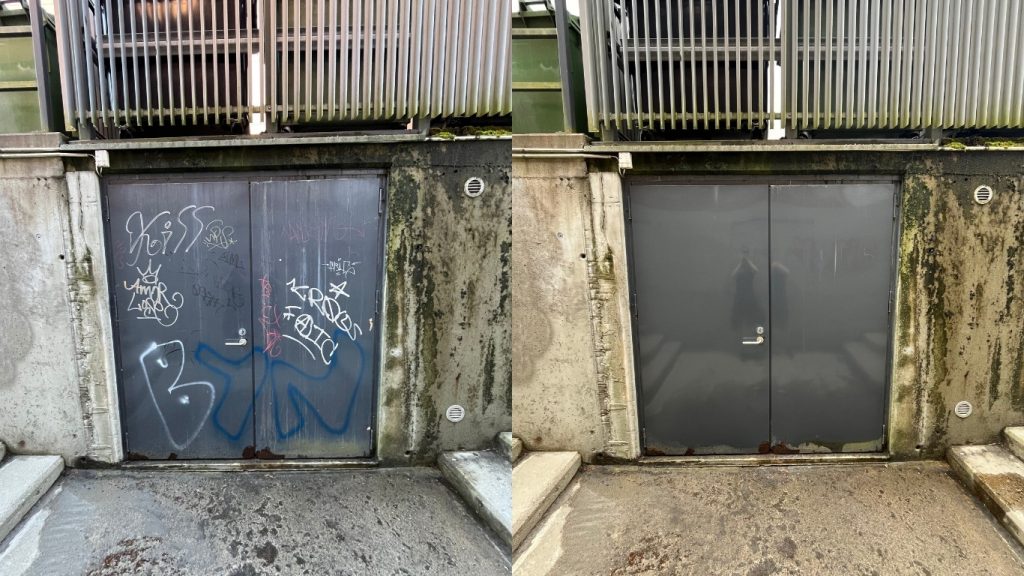 Metalliovessa ollut graffititöhry, joka on poistettu ammattilaisen toimesta.