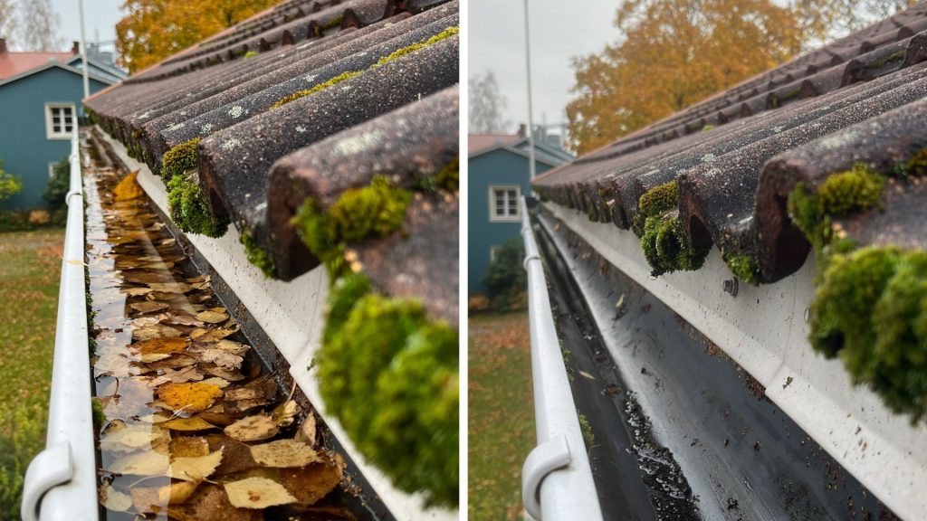 Rännien tyhjennys ennen ja jälkeen. Tukkeutuneet lehdet ja kasvusto poistettu kattorännistä Vaasalaisesta taloyhtiöstä.