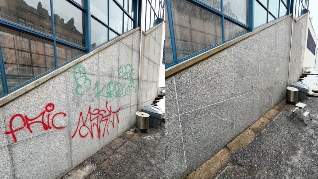 Kiviseinään tehty graffititöhry ennen ja jälkeen poiston.