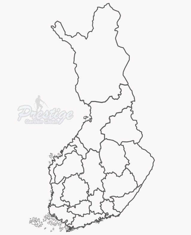 Karta över Finland som visar täckningen av Prestige Garden Clean's målningstjänst för parkeringsplatser i hela Finland.